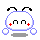 Pixelated white circular character with blue outline, black antennae, red plus signs on cheeks, and two round side appendages against gray background.