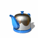 Animated teapot icon with metallic silver body, blue spout and handle, and blue base, rotating through multiple angles on white background.