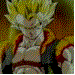Pixelated character with spiky yellow hair and orange shoulder armor, transitioning from closed eyes to a smile