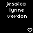 Black background with white pixelated text reading "jessica lynne verdon" in three lines, two identical heart symbols at the bottom center.