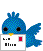 Blue pixelated bird holding white card with red square and unreadable text, displayed in of identical frames