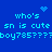 Blue background with cyan pixelated text repeating 'who's sn is cute boy785????' and a small heart symbol above the text.