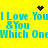Yellow background with cyan text reading "I Love You & You Which One" in pixelated font, featuring a black heart and black starburst symbols above the text.