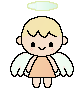 Pixelated angel figure with blonde hair, peach dress, white wings, and halo; left version has light green halo, right version has pink halo.