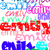 Pixelated image with layered text elements in red, green, blue, and pink hues over a white background.