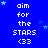 Blue background with white text reading 'aim for the STARS <33' and scattered light blue stars, some of which change position across frames.