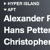 Pixelated text list on dark background showing partial names Alexander, Hans, Christopher with visible letters and spacing.