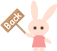 Pixelated cartoon bunny in pink dress holding brown sign with white text, two frames showing different eye expressions on a transparent background.