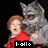 A pixelated animation shows a girl in red clothing being held by a gray wolf-like creature against black backgrounds, with text changing below.