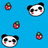 Pixelated blue background with multiple panda faces and strawberry icons, some displaying text "cut" in black pixels.