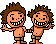 Pixel art of two identical cartoon boys with spiky brown hair, orange skin, and brown shorts standing side-by-side against a gray background.