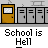 Animated contact sheet of a pixel art school-themed icon showing a stick figure's journey from lockers to hell, with text "School is Hell" repeated across all frames.