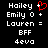 Black background with white pixelated text listing names and terms, a red heart symbol appears next to 'Hailey' in the left view.