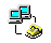 Pixelated icon of two desktop computers with connected yellow shoes, showing screen state changes across frames.
