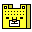 Four yellow pixel-art with black outlines and green sidebars show a character's face changing orientation across frames