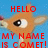 Pixelated image of a light brown animal head with large eye, blue background, and red text reading HELLO MY NAME IS COMET!