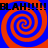 Four red and blue spiral patterns arranged in a with black text reading "BLAH!!!!!" at top and bottom