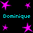 A static image displays multiple pink star shapes and cyan text reading "Dominique" on a black background.