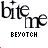 A 5x5 contact sheet of animated frames showing a repeating 'bite me' text design with pink heart accents and varying pixelation effects across sampled frames.