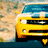 Yellow car with blue roof and black grille, front view on road background, three variations of colored heart symbols below.