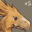 Pixelated close-up of a light brown bird's head with blue eyes, beak, and wing details against a gray background.