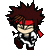 Pixelated character with spiky brown hair, red headband, white and black outfit, and red sash, shown in two poses against gray background.