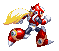 Pixel art character in red and silver armor with yellow cape, shown in multiple running poses against gray background.