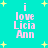 Cyan background with yellow starbursts and pink text reading "i love Licia Ann" in four identical vertical arrangements.