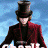 Animated contact sheet showing three frames of a Willy Wonka character from Charlie and the Chocolate Factory in red coat, top hat, with 'Charlie' text overlay on blue sky background.