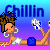 Pixelated character with brown hair and silver earrings lies on a gradient background beneath blue text reading 'Chillin' while holding white-and-blue objects.