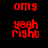 Red pixelated text 'omg', 'yeah', and 'right' on four distinct background colors: black, gray, light purple, and dark gray.