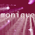 Animated icon with purple and pink gradient background, white text 'monique' or 'moniquemonique', and sparkling star effects.