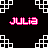 A contact sheet of six animated frames showing a repeating pattern with pink text and white geometric shapes on black background.