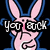 Pixelated pink rabbit with blue outline, black background; text reads 'you suck' and 'and that's sad.'