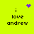 Yellow background with black text "i love andrew" in four quadrants, each containing a different purple pixel art symbol above the text.