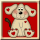 Pixelated cartoon dog with pink cheeks holding a dark object against red background, next to text reading "Puppy Dog" in beige block letters.