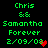 Green pixelated text on black background reads 'Chris && Samantha Forever 2/09/08' with a red heart symbol, displayed in two identical side-by-side
