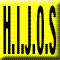 Yellow pixelated icon with black text reading 'HIJOS' and Spanish phrase 'Eschache a Hadad en la puerta del juzgado', featuring visible animation changes in the right section.