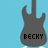 Pixelated guitar-shaped icon with 'BECKY' text, light blue background, and white plus signs in a