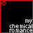 Animated contact sheet of 24 frames showing a black background with red borders, white text "my chemical romance", and small red hearts in the top corners across all frames.