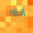 A static pixel art image with four identical blue text elements on a checkered orange-yellow background.