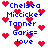 Pixelated blue text lists names and 'love' with red hearts on white background; animation shifts heart positions across frames.