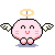 Pixelated pink angelic figure with wings, halo, and blush marks in four variations showing different poses.