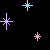 Pixelated starburst shapes in pastel colors on a black background, arranged as a contact sheet of two frames from an animated icon sequence.