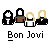 Animated sequence showing Bon Jovi band members in pixelated style with text 'Bon Jovi' and changing background elements.
