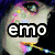 A split-screen image with two distinct sections: left side shows a face with colorful pixelated patterns and the word 'emo' in bold white letters, right side shows a person with dark hair and the word 'girl' in bold white letters.