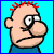 Pixelated cartoon character with red spiky hair, blue shirt, and large nose showing three facial expressions against light blue background.