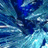 Pixelated blue and white abstract wave-like pattern on left, pink text fragments scattered across solid dark blue background.