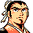 Pixel art portrait of a male character with black hair tied in a checkered bandana, orange and yellow skin tones, and a red-orange outfit against white background.