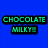 Blue background with green pixelated text 'CHOCOLATE MILKY' and a framed cartoon character with a wide grin.